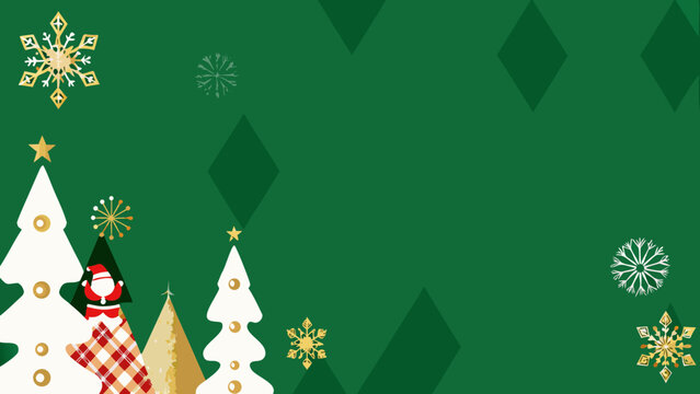 Christmas trees and santa claus geometric vector illustration on green background