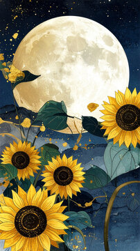 Sunflower ひまわり 384 Golden Sunflowers and Large Full Moon with Mountain Ridges on Dark Blue Background（濃紺の背景に描かれた金色のひまわりと山並み、大きな満月）