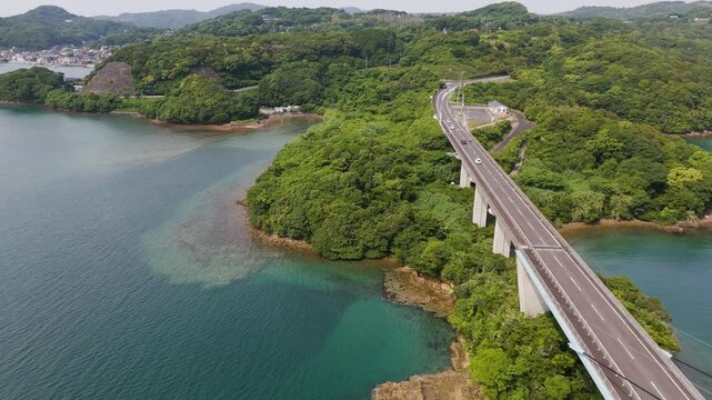 Cinematic Aerial of Takashima Bridge Connecting Takashima Island in Japan