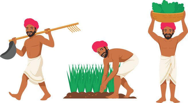 Traditional South Asian Indian farmers working in field vector illustration set featuring rural agricultural workers harvesting crops planting seedlings carrying baskets and holding hand rakes.