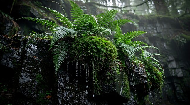 Lush Green Ferns Growing on Mossy Rock in Rainforest.