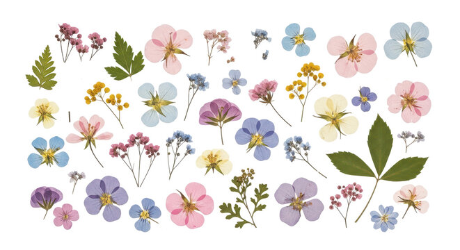 Set of pressed dried colorful flowers and green leaves isolated on transparent background concept of botanical herbarium