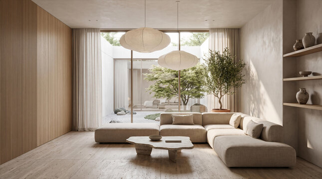 Minimalist Japandi Living Room Interior Design Soft Beige Tones Natural Wood Texture Organic Coffee Table Large Paper Lantern Pendants Serene Indoor Garden View High End Contemporary Home Decor Style
