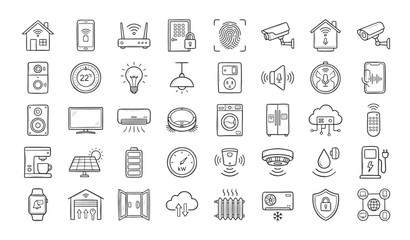 Smart Home Hand Drawn Doodle Line Icons Set with Home Automation Security and Connected Device Symbols © MDSohag