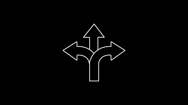 Three-way fork arrow icon. A line art icon of a single path that splits into three directional arrows pointing in the direction of the arrow. 2D motion graphics in 4K resolution with alpha channel.