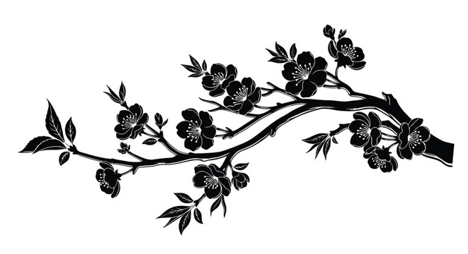 Black cherry blossom branch on white background