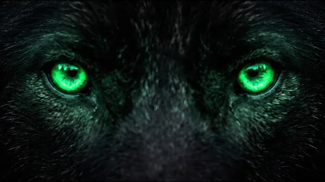 Black wolf face with glowing green eyes close up.