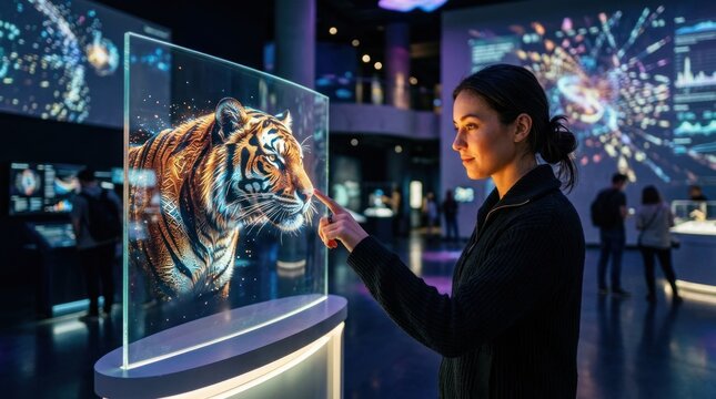 Woman Interacting with Holographic Tiger Display in Futuristic Museum.