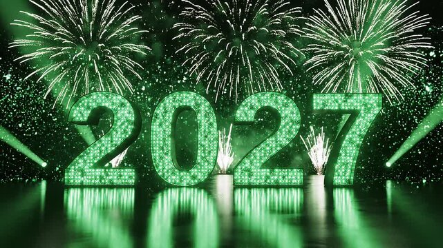 Happy New Year 2027 Green Sparkling Numbers on Stage with Festive Fireworks and Reflections Background