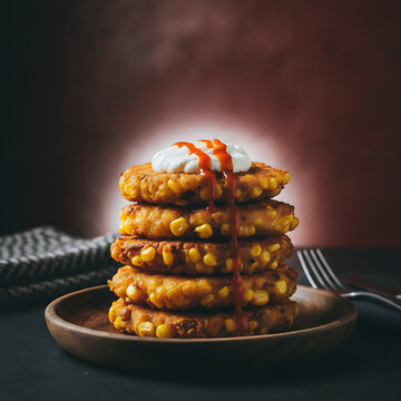 Stack of Golden Corn Fritters Topped with Creamy Dollop and Red Sauce on Wooden Plate