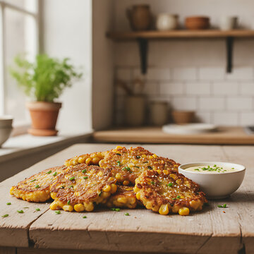 Several golden corn fritters with a side of dipping sauce on a rustic wooden table