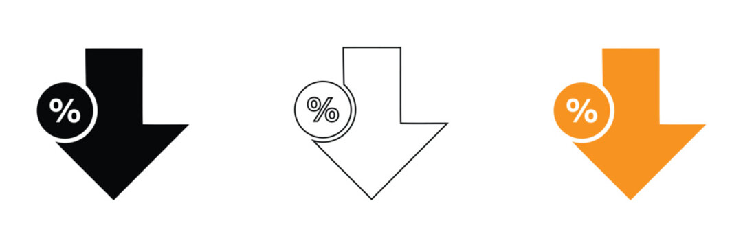 Vector icons of discount percentages with down arrows in black, white, and orange, ideal for business and finance concepts