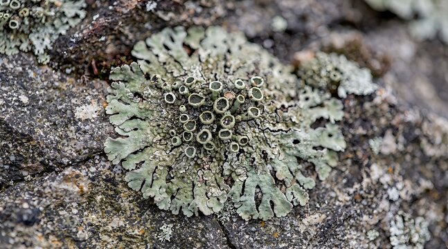 Macro photography of green foliose lichen growing on a textured rock surface.