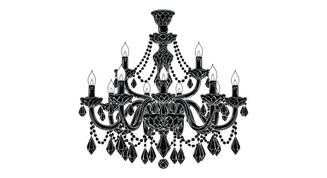 Elegant black chandelier with crystals on white background
