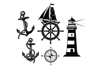 Nautical icons including anchors ship wheel lighthouse and compass © NurJahan