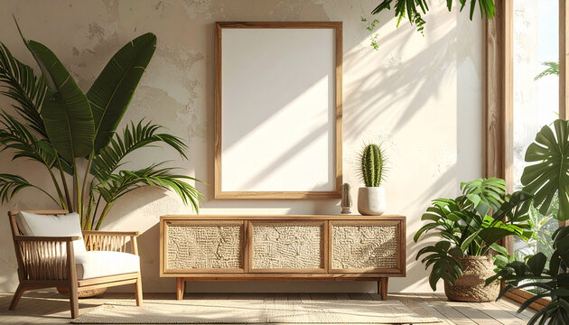 Modern living room interior with plants and blank picture frame