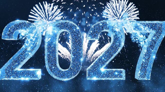 Glowing blue ice numbers 2027 shining brightly with fireworks exploding above