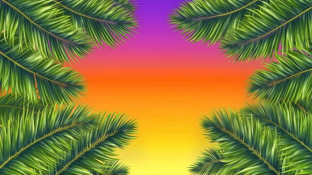 Tropical palm leaves frame sunset gradient background video