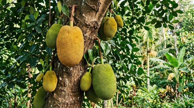 Ripe jackfruit hanging from tree branch in lush tropical orchard southeast asia