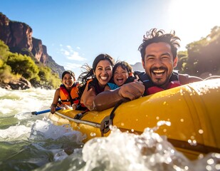Obraz premium Happy Family Whitewater Rafting Through Sunny River Canyon