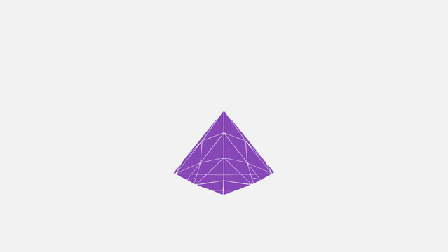 Vibrant purple wireframe pyramid, a modern 3D geometric shape illustration on a clean white background, representing innovation and digital data.