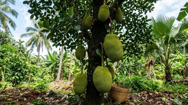 Jackfruit tree with green fruits in a tropical forest