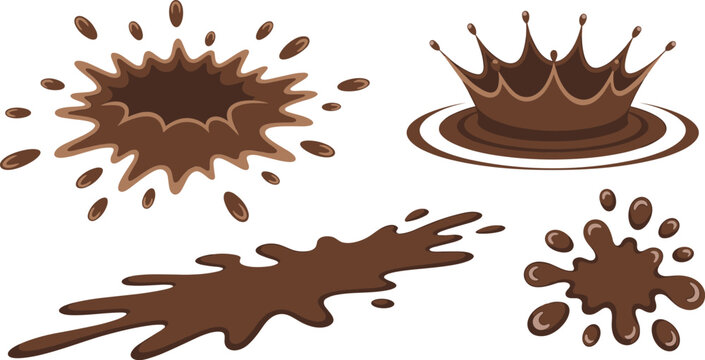 Liquid chocolate splash elements vector icon set featuring delicious brown cacao splatters milk chocolate crowns dark coffee drips mud puddles and sweet syrup stains.