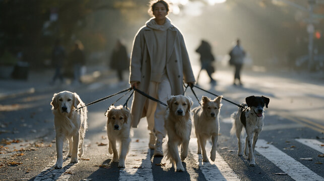 Professional dog walker manages leash cluster of five dogs across urban crosswalk in early morning mist while autumn leaves drift onto sidewalk and commuters pass in background