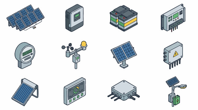 Collection of isometric technology and energy icons.