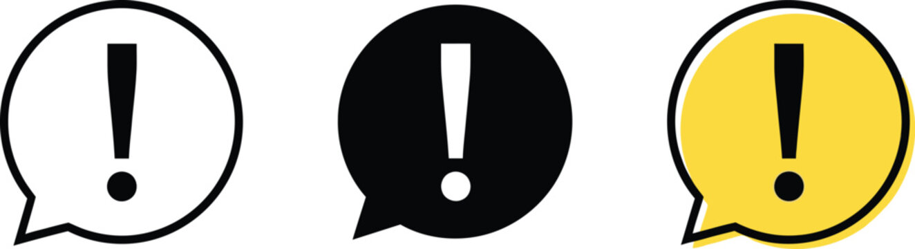 Three exclamation mark speech bubble icons in black and yellow colors