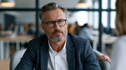 Fototapeta premium Mid-level manager gripping an armrest in a glass-walled office as a supervisor delivers what appears to be critical performance review feedback, the subject's controlled