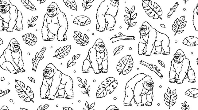 Gorilla and tropical foliage seamless pattern design.