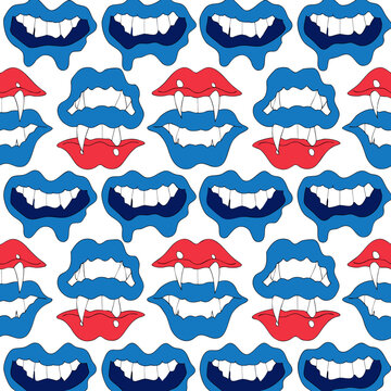 Seamless pattern with blue and red vampire mouth icons showing fangs in a modern hand drawn vector illustration for spooky themed party.