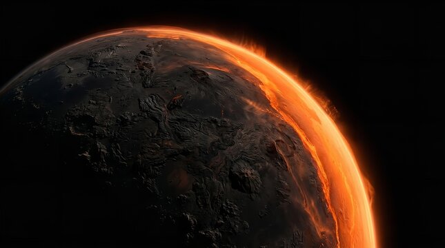 Glowing molten lava surface of a dark volcanic exoplanet floating in deep space captured with realistic textures and vibrant orange light against a black background