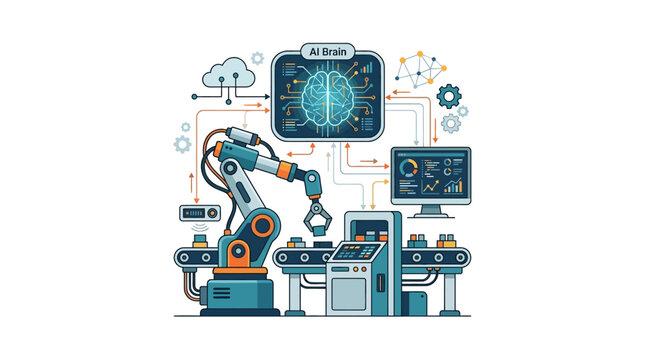 AI robot arm working on assembly line with digital brain interface