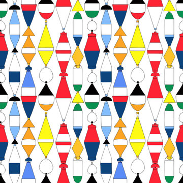 Maritime buoy seamless pattern featuring colorful nautical floats and marine markers in vertical rows for coastal decor and sea theme.