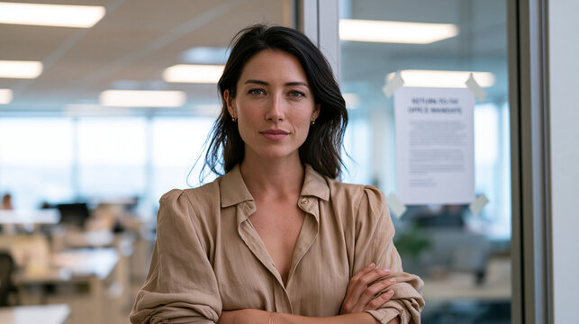 Seasoned project manager arms crossed in the doorway of an empty open-plan office, a return-to-office mandate printed and taped to the wall behind her, office return resistance