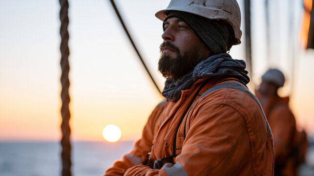 Offshore oil rig platform deck crew in harnesses performing routine equipment inspection at dusk North Sea operation petroleum engineer safety compliance rig maintenance worker