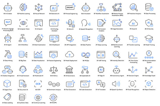 AI Productivity Tools and Business Automation Vector Illustration
Generative AI and Machine Learning Technology Vector Set
Smart AI Tools, Chatbot, and Workflow Automation Icons