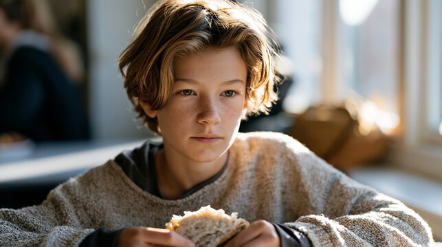 Eleven-year-old at a school cafeteria table alone, picking apart a sandwich and quietly stacking foods he refuses to eat, lunch aide watching from a distance, school nutrition