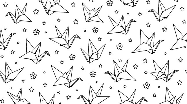 Intricate origami cranes and stars pattern design.