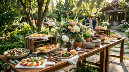 Beautiful outdoor buffet table with fresh food and flowers in a sunny garden