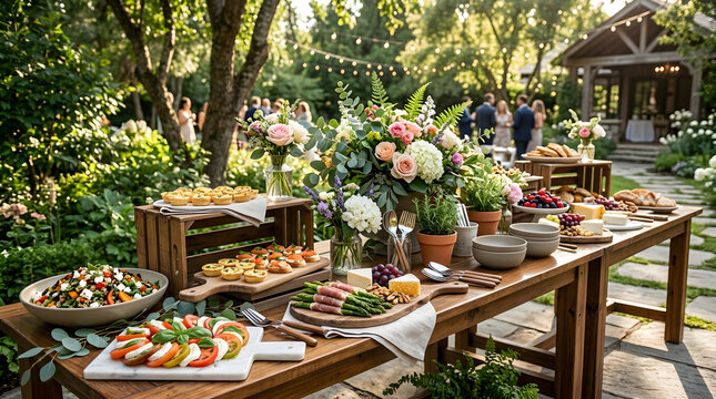 Beautiful outdoor buffet table with fresh food and flowers in a sunny garden