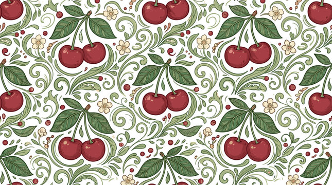 Vintage seamless pattern vector illustration of ripe red cherry fruits with textured green leaves baroque scrolls and white blossoms for elegant textile design