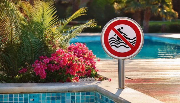 sign shows no swimming rule by the pool area with flowers and palm trees in a sunny place