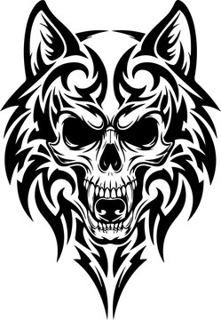 Tribal wolf skull tattoo design for gothic graphics