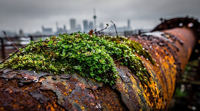 Moss covered rusty pipe with blurred city skyline background.