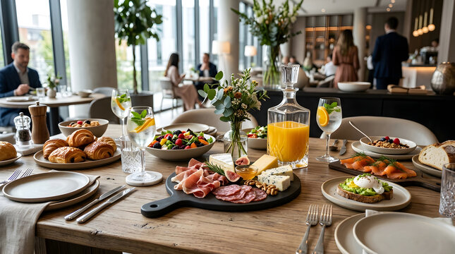 A delicious brunch table spread with fresh food and drinks in a modern restaurant setting with people in the background