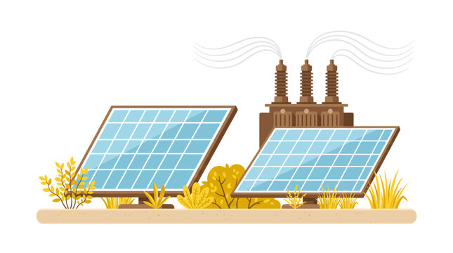 Illustration of solar panels with a smokestack factory in the background.