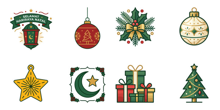 Christmas & Hari Raya Natal Icons: Festive Symbols Collection in Flat Design